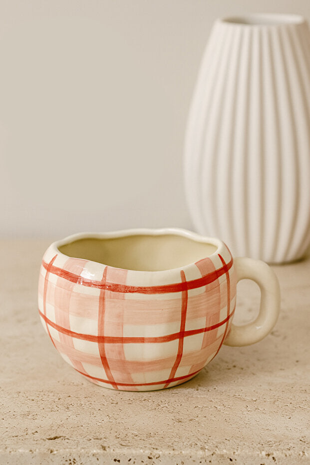 Handmade Ceramic Red Plaid Pattern Mug / Cup