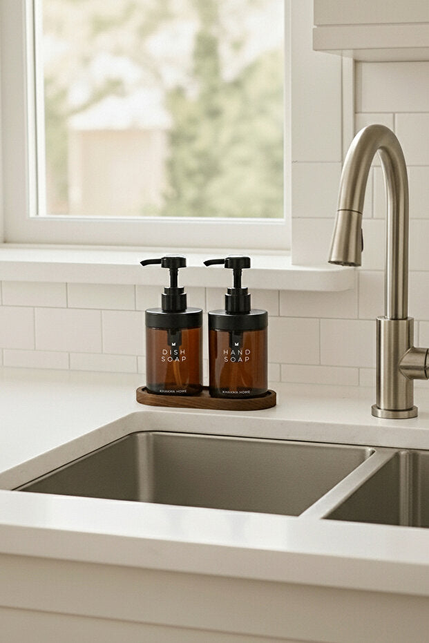 Amber Glass 250 ml Soap Dispenser 2 Piece Set with Wooden Stand