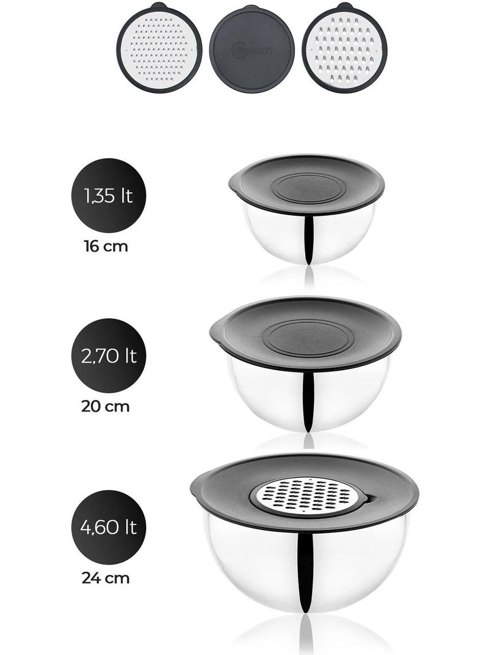 Karat Steel 9 Piece Grater Mixing Bowl - 16/20/24 cm