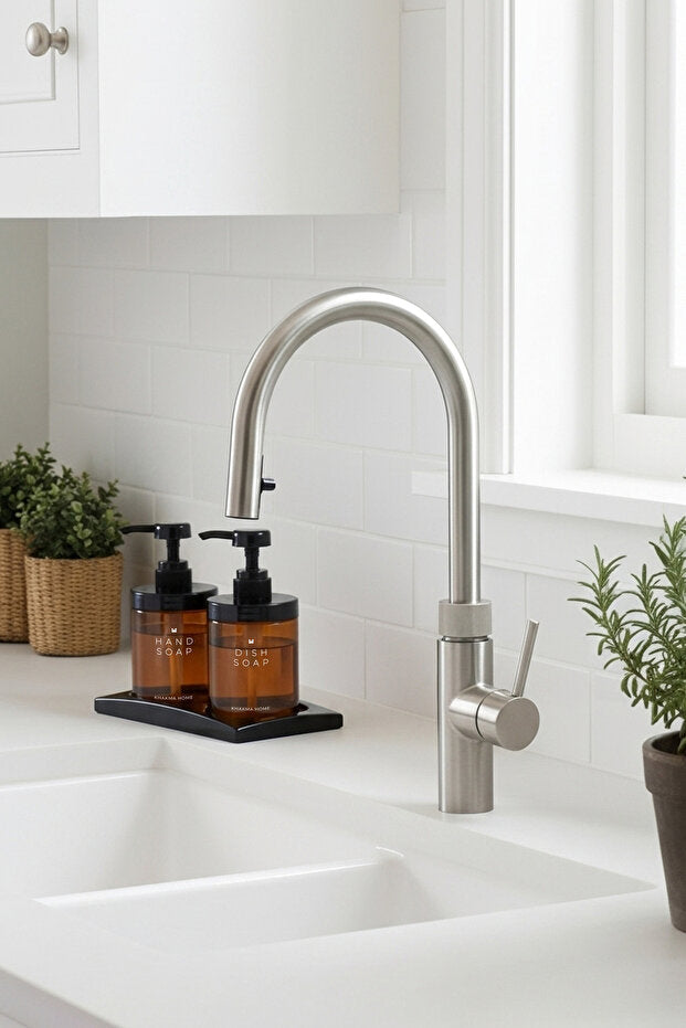 Amber Glass 250 ml Soap Dispenser 2 Piece Set with Black Stand