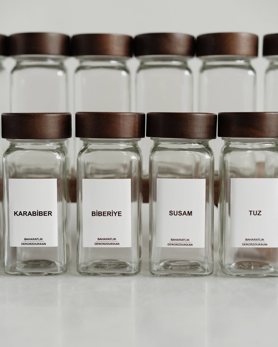 Set of 12 Dark Acacia Lidded Square Spice Jars