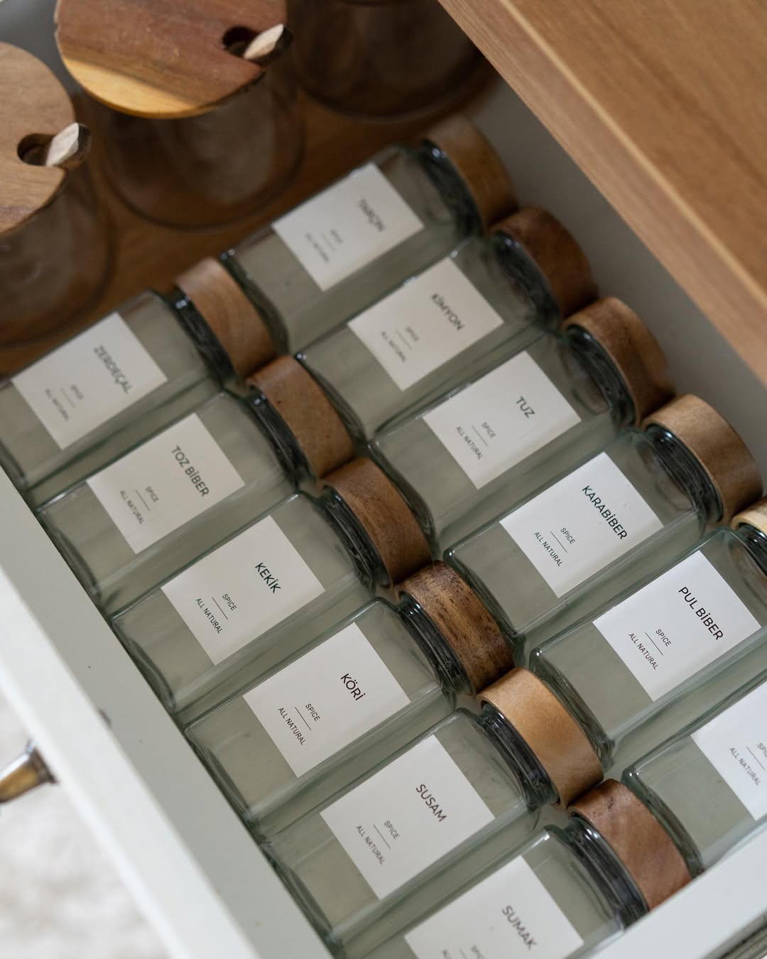 Set of 12 Acacia Lidded Square Spice Jars