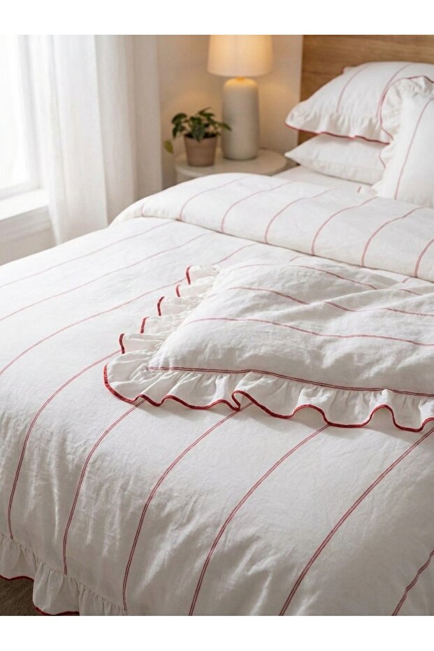 Ruffled Red Striped Double Duvet Cover Set