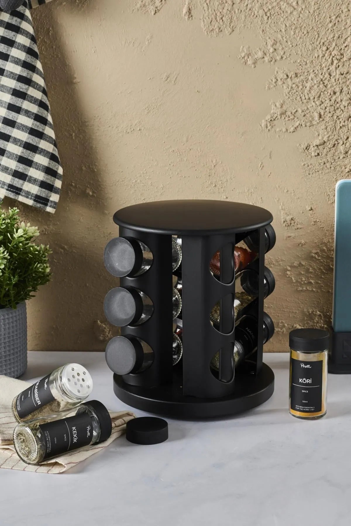 Set of 12 Spice Jars with Rotating Stand - Black