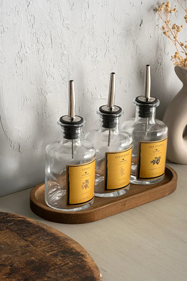 Wooden Stand Transparent 3 Piece 250 ml Oil Can - Gold Label