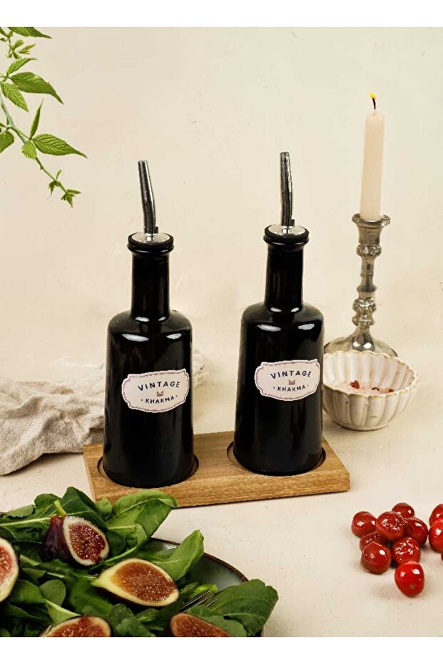 Wooden Stand 2 Piece Black Glass Oil Bottle | 200ml