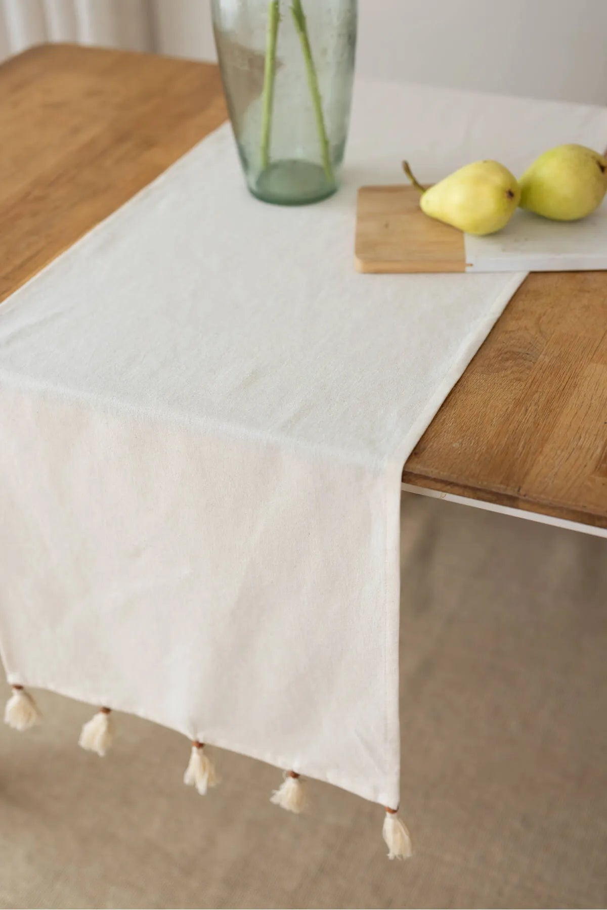 Organic Raw Texture Linen Runner with Pompoms 40 X 150 Cm