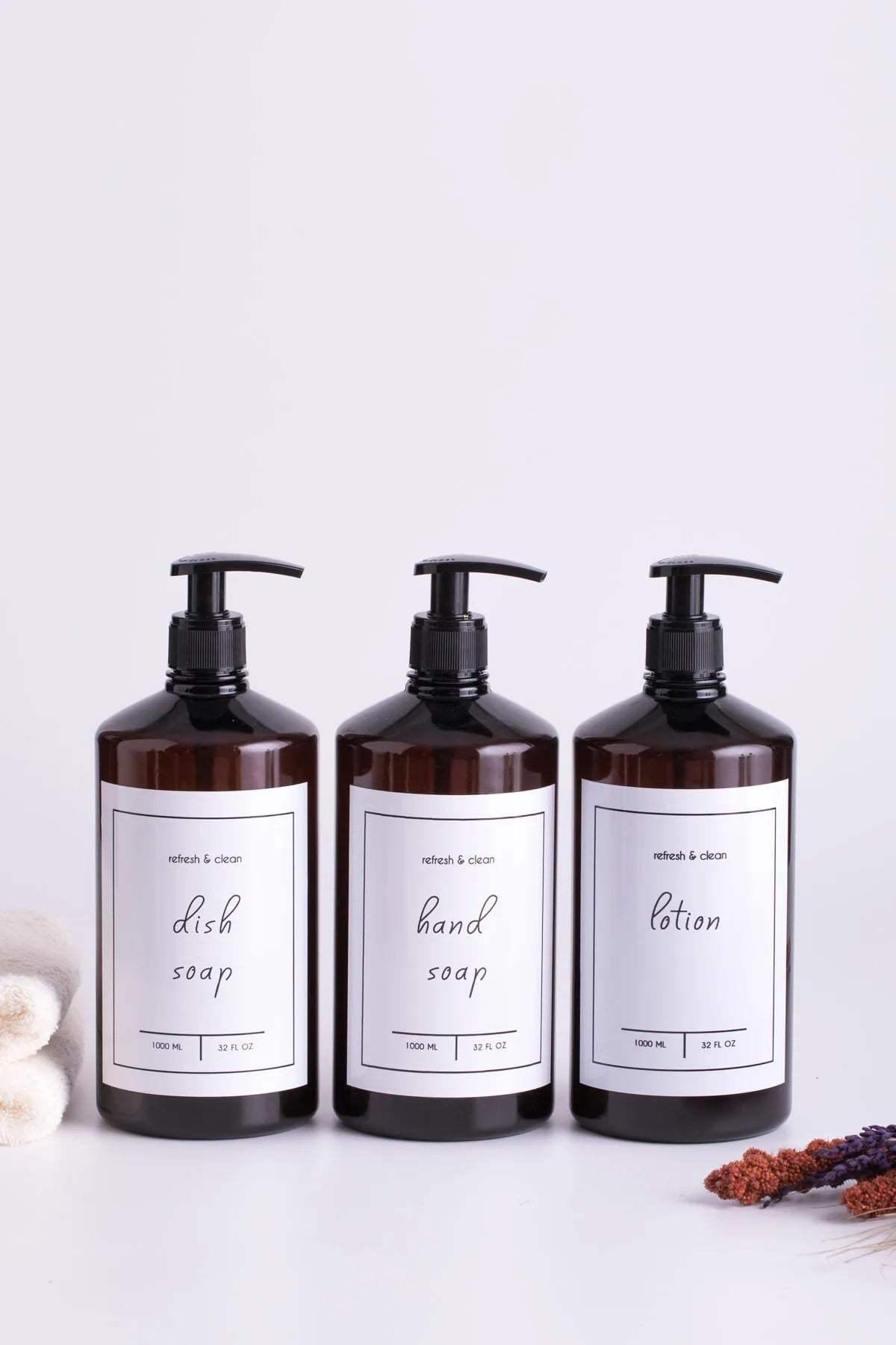 Soap Dispenser Amber Plastic Bottle - 1000 ml 3 Piece Set