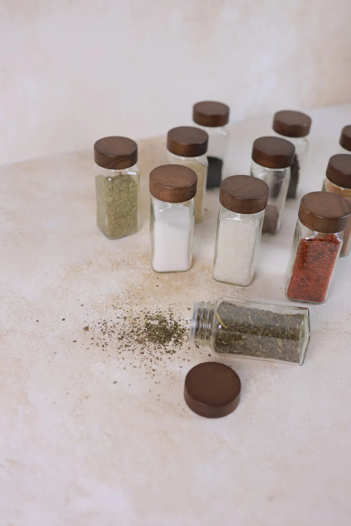 Set of 12 Dark Acacia Lidded Square Spice Jars
