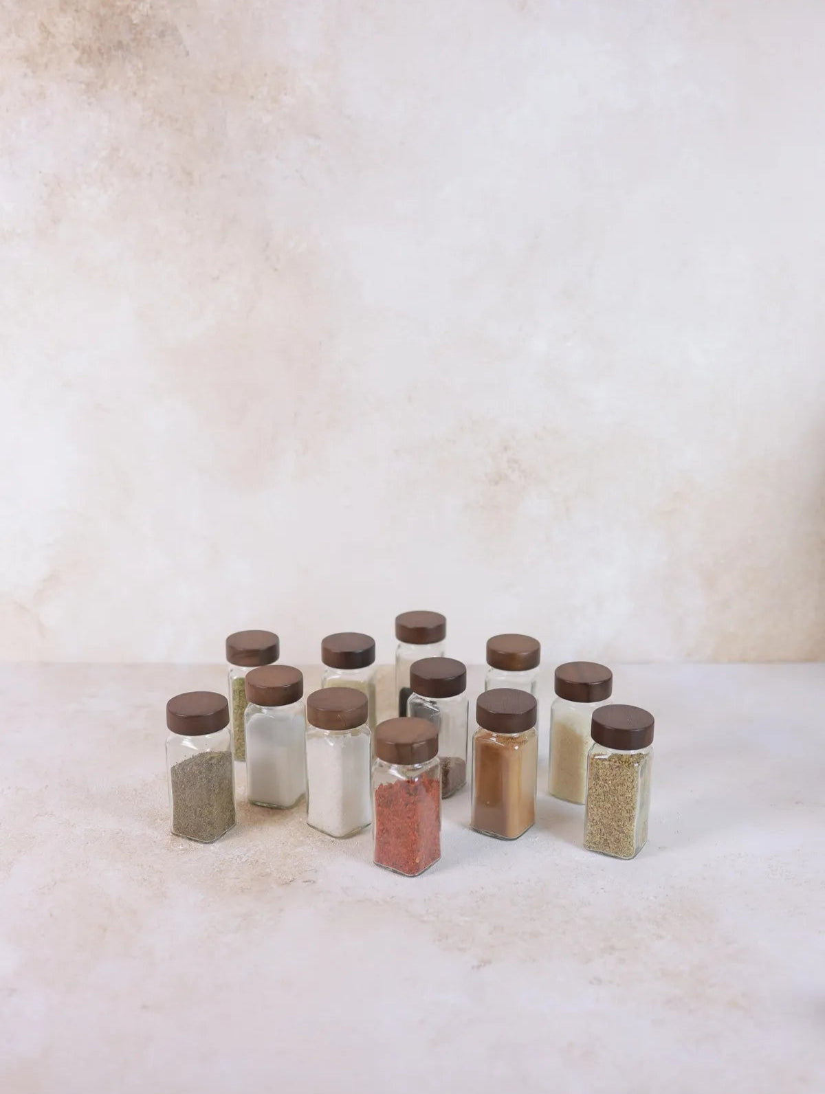 Set of 12 Dark Acacia Lidded Square Spice Jars