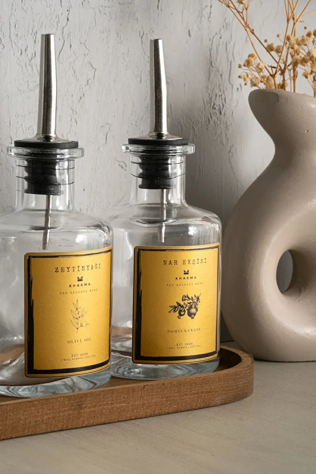 Wooden Stand Transparent 3 Piece 250 ml Oil Can - Gold Label