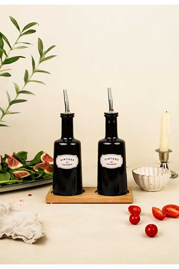 Wooden Stand 2 Piece Black Glass Oil Bottle | 200ml