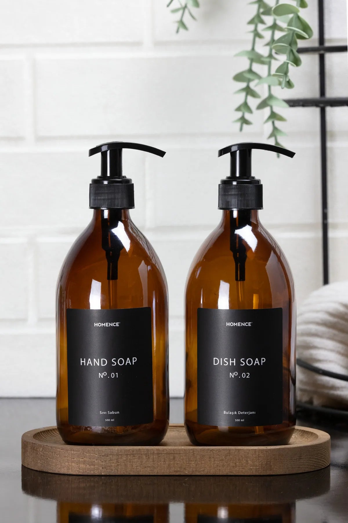 Wooden Stand 2 Piece Amber Glass Soap Dispenser 500 ml
