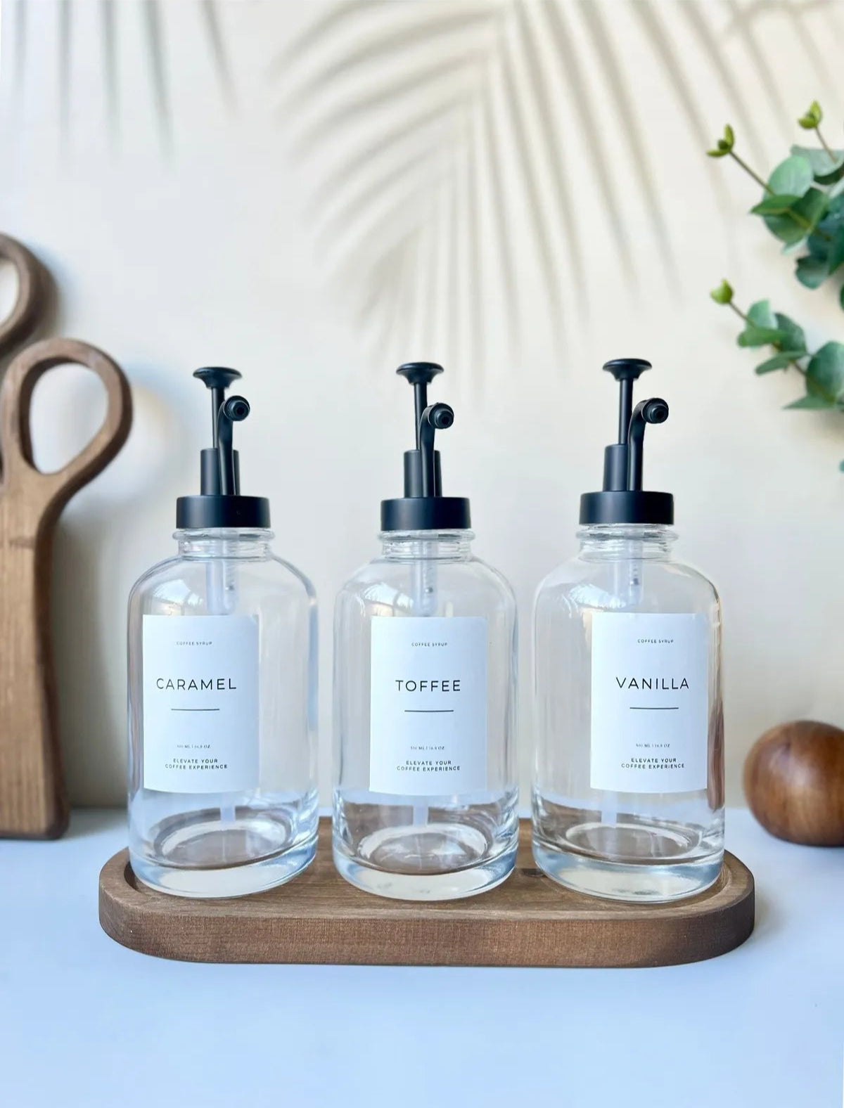 Coffee Syrup Set Dispenser With Wooden Base
