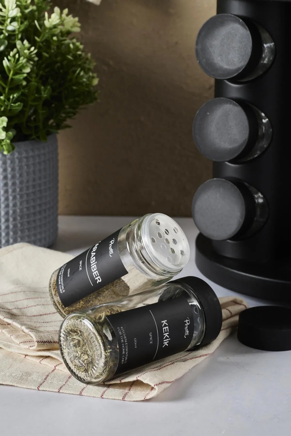 Set of 12 Spice Jars with Rotating Stand - Black