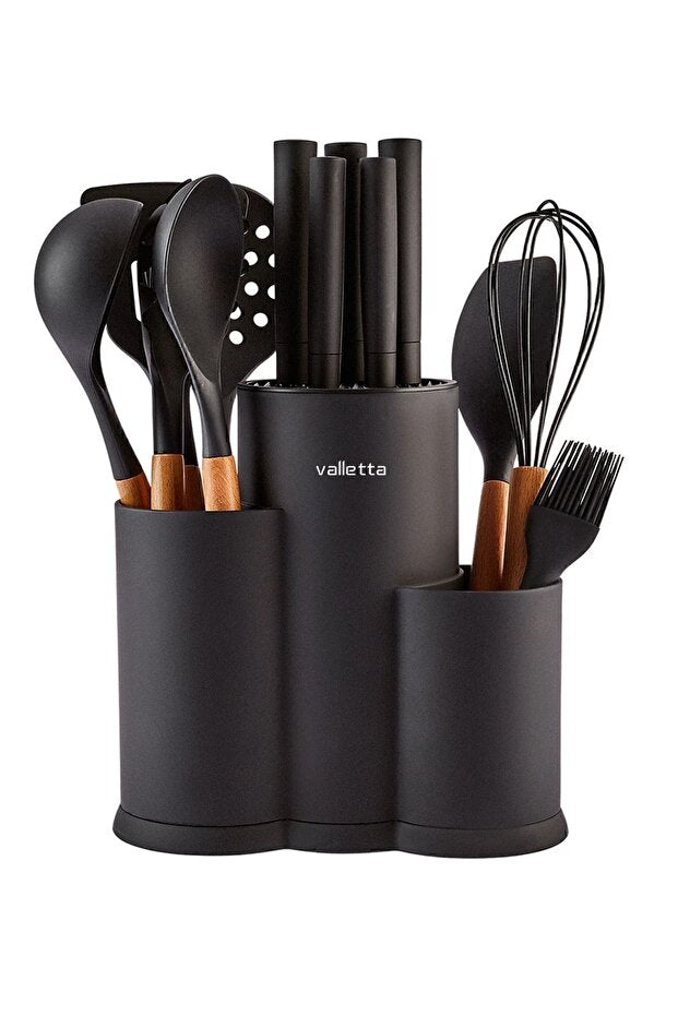 Katanga Black 14 Piece Serving and Knife Set with Stand