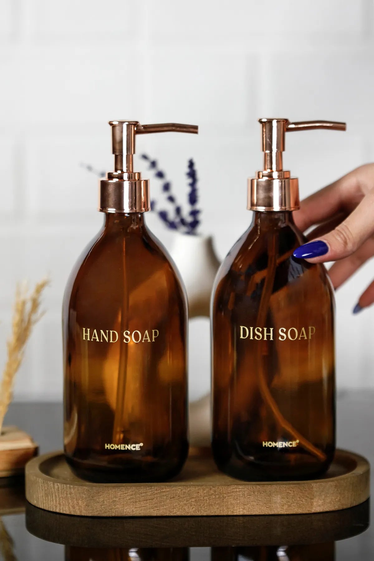 Wooden Stand 2 Piece Amber Glass Soap Dispenser 500 ml