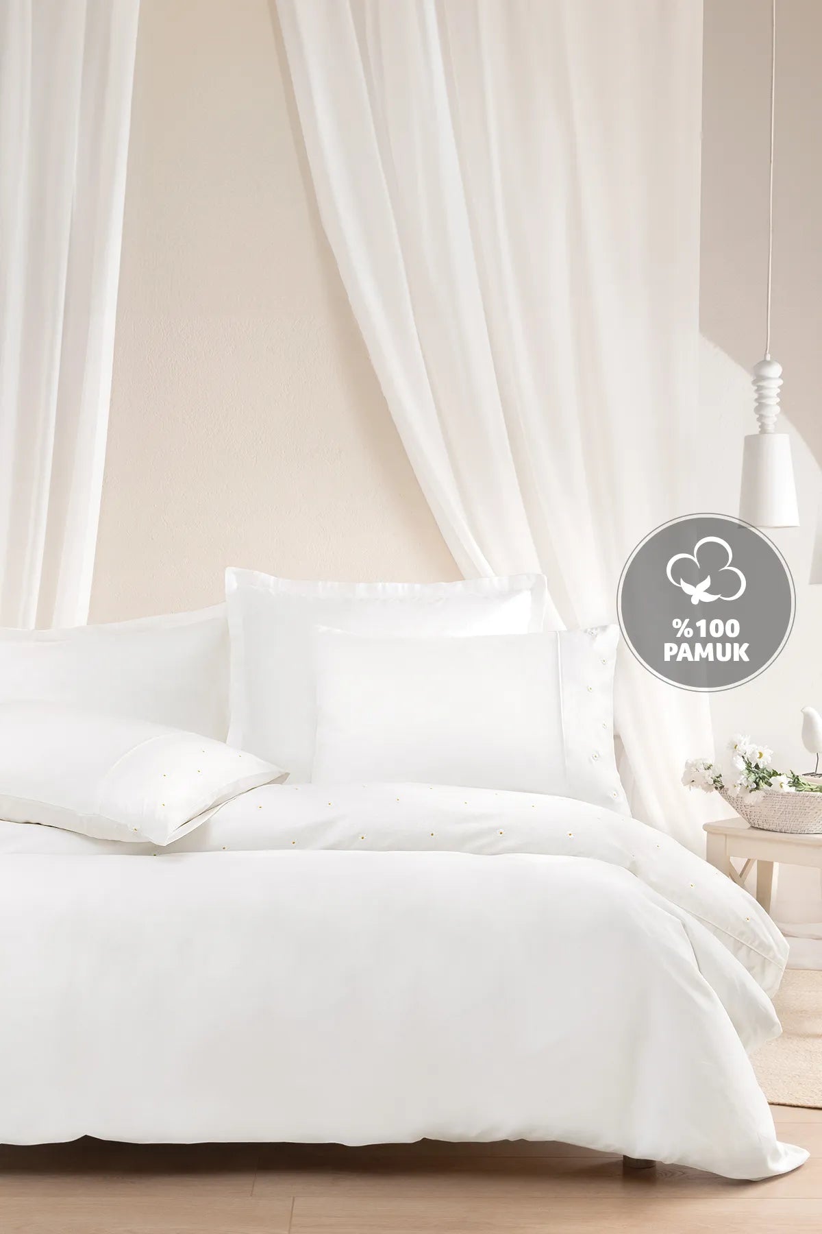 Flora Double Crepe Embroidered Duvet Cover Set - White