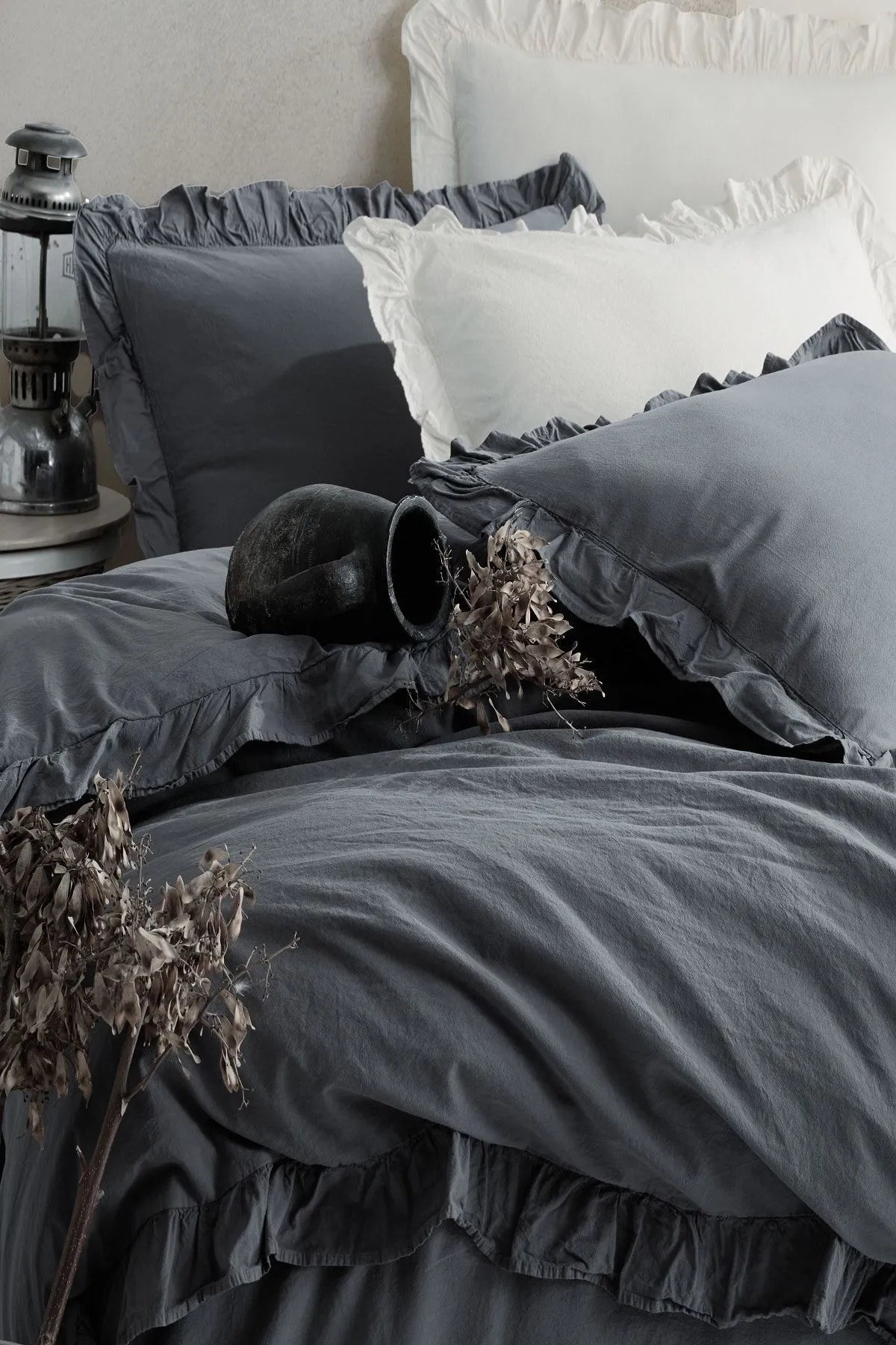Graphite 100% Cotton Ruffle Washable Duvet Cover Set