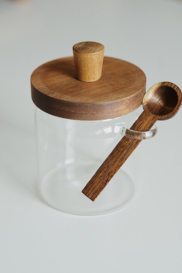 Acacia Glass Storage Jar with Lid & Spoon - Set of 2