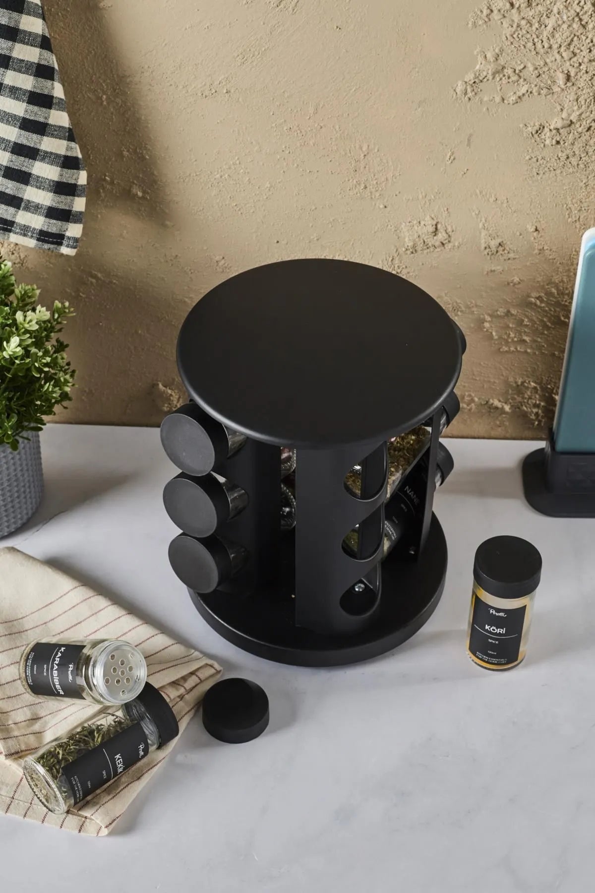 Set of 12 Spice Jars with Rotating Stand - Black