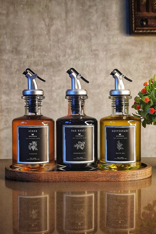 Wooden Stand Transparent 3 Piece 250 ml Oil Can - Black Label
