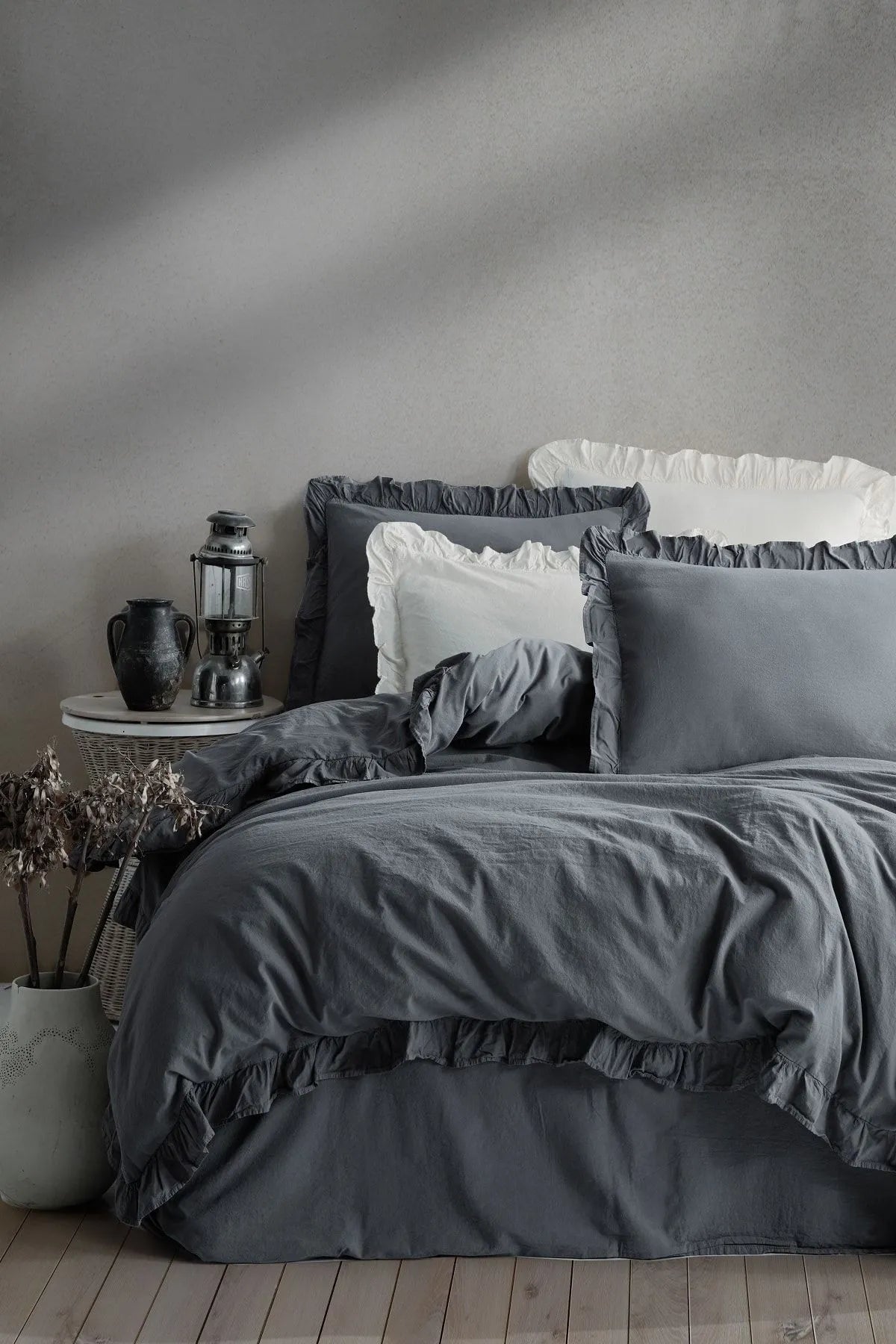 Graphite 100% Cotton Ruffle Washable Duvet Cover Set