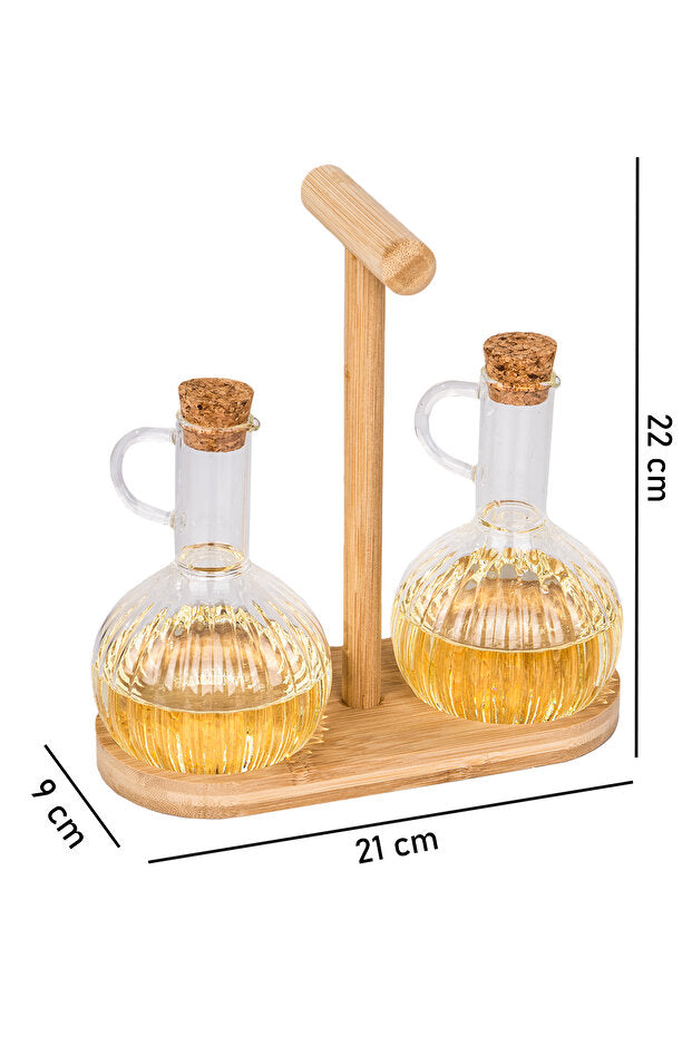 2 Piece Bamboo Stand Oil Dispenser Set
