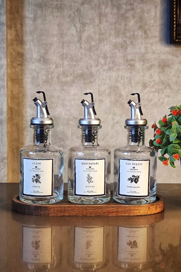 Wooden Stand Transparent 3 Piece 250 ml Oil Can - White Label