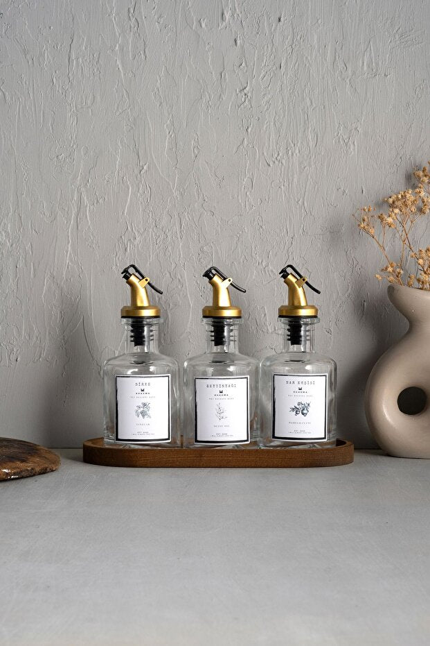 Wooden Stand Transparent 3 Piece 250 ml Oil Can - White Label