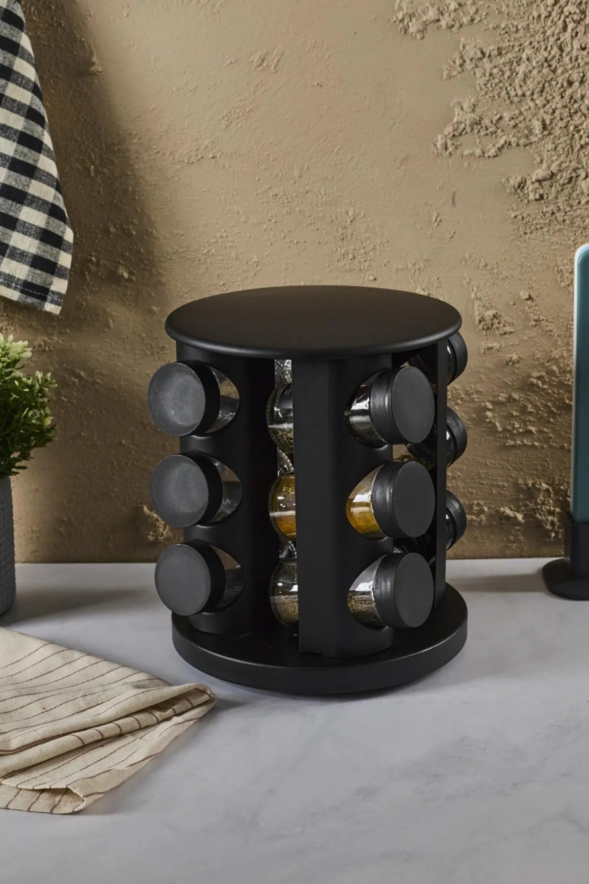Set of 12 Spice Jars with Rotating Stand - Black