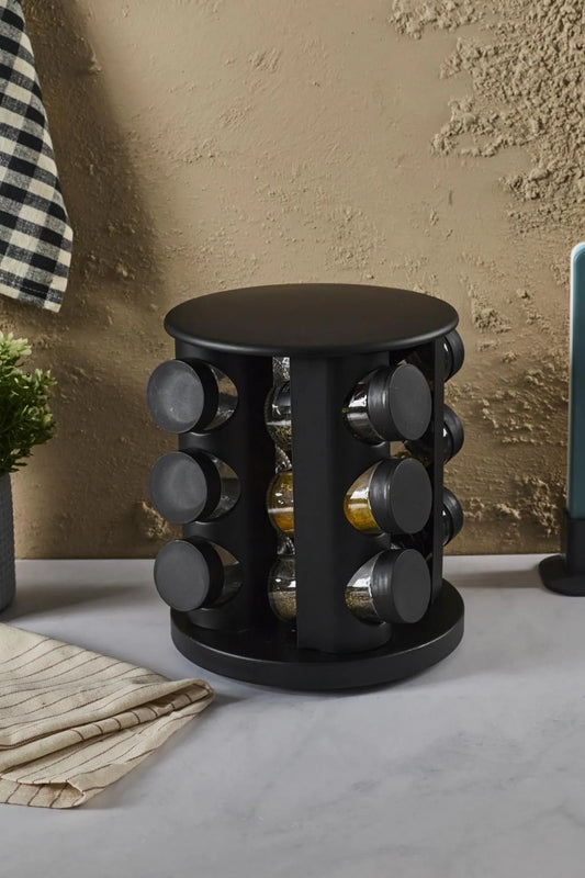 Set of 12 Spice Jars with Rotating Stand - Black