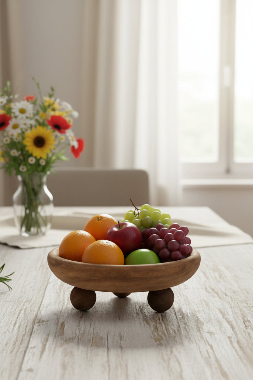 Wooden bowl on a kitchen counter with a stone wall and shelves in the background