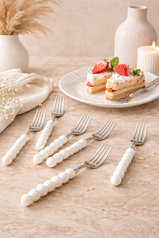 Modern White Pearl Set of 6 Dessert Fork Set - Silver