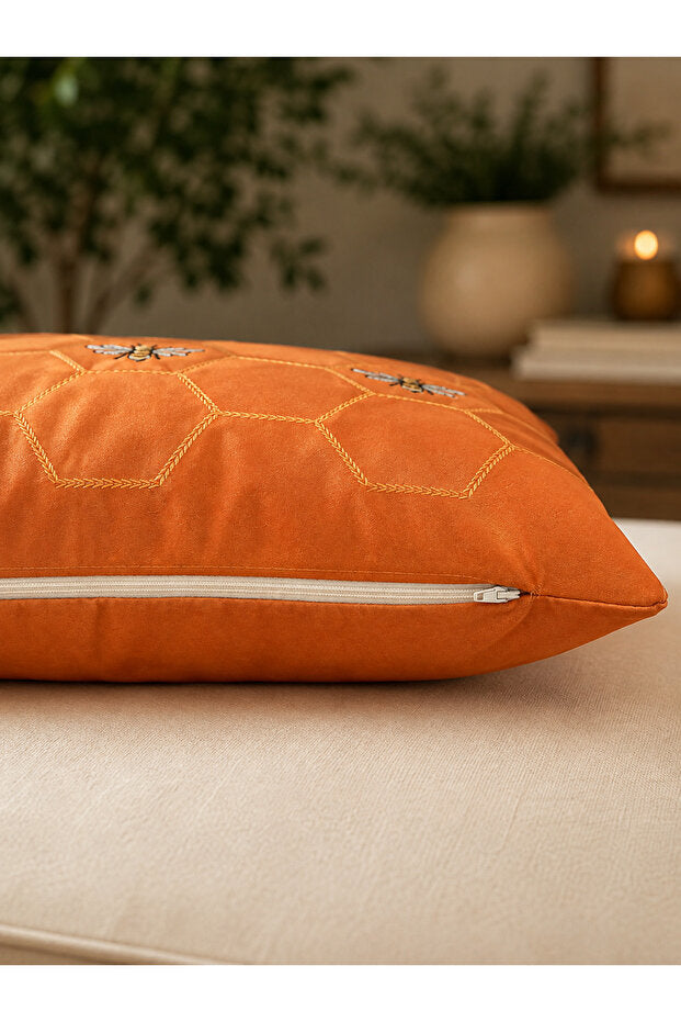 Embroidered Suede Cushion Cover 43x43 cm – Orange