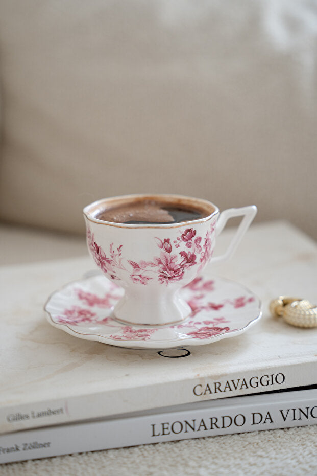 Vintage Magenta Floral Porcelain 2 Person Coffee Cup Set