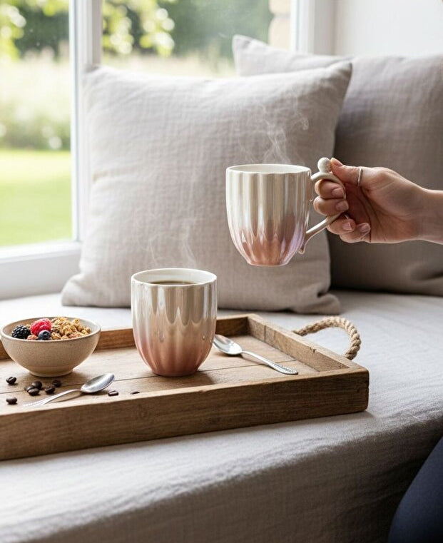 2 Piece Pearl Embellished Porcelain Mug / Cup Set - Pink