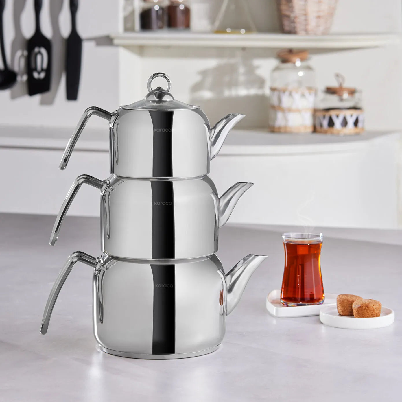 Karaca Tres Metal Teapot Set of 3 with Induction Base