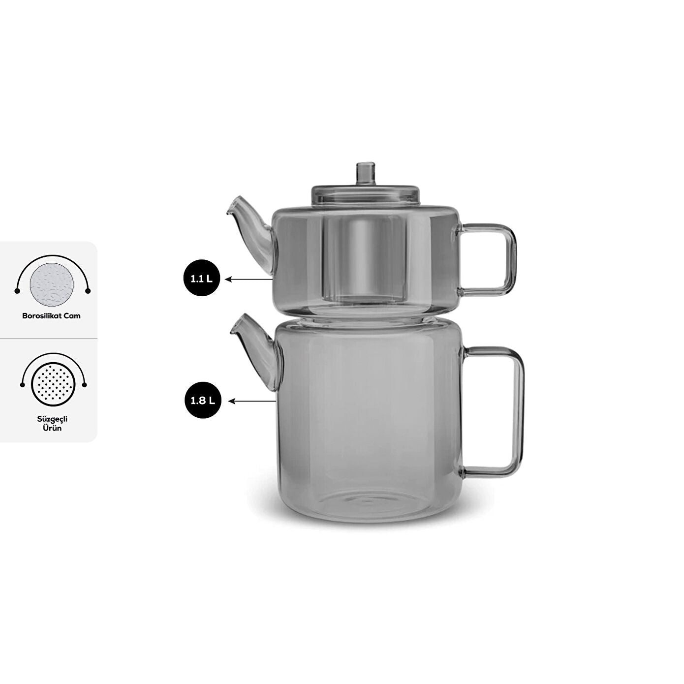 Flat Borosilicate Glass Teapot Smoke Gray