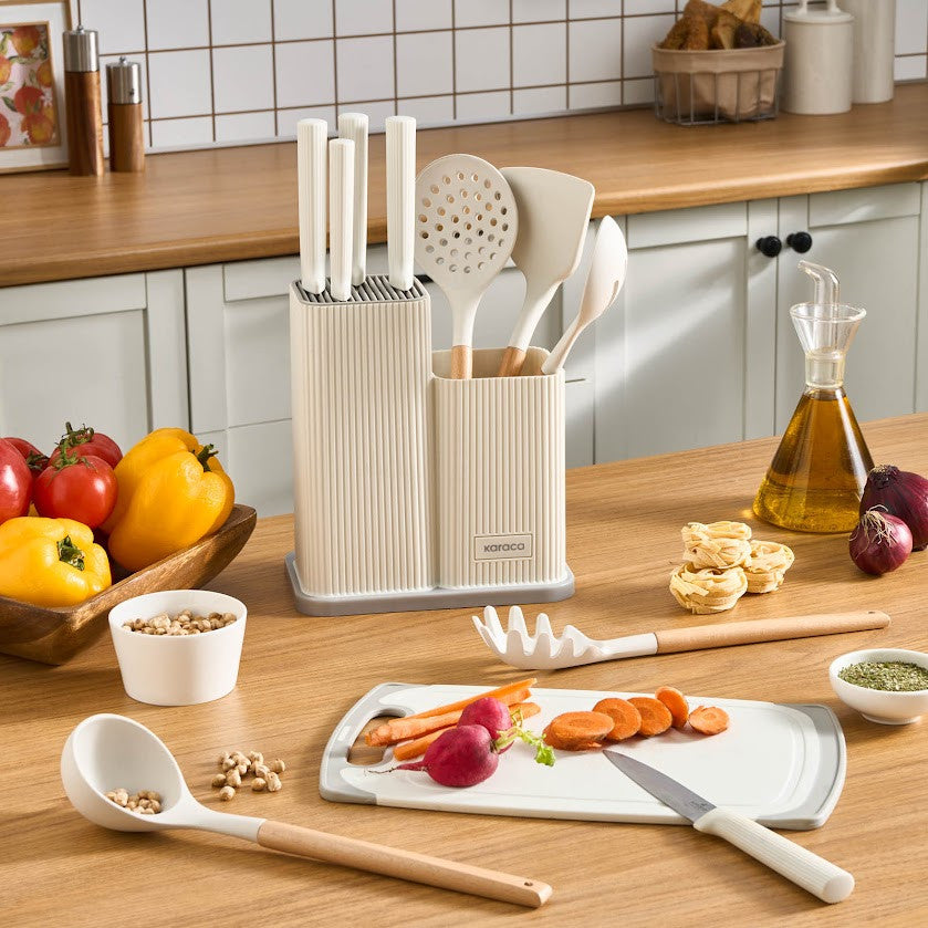 Karaca Massimo 12-Piece Knife Set with Cutting Board and Serving Set, Cream