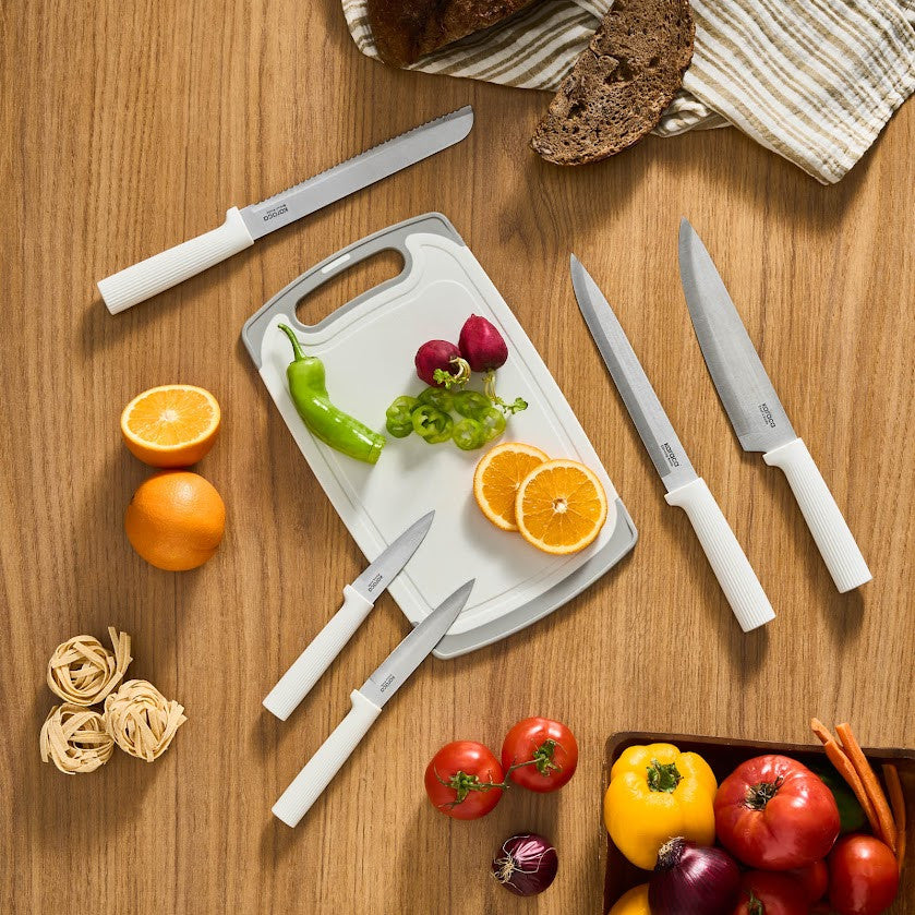 Karaca Massimo 12-Piece Knife Set with Cutting Board and Serving Set, Cream