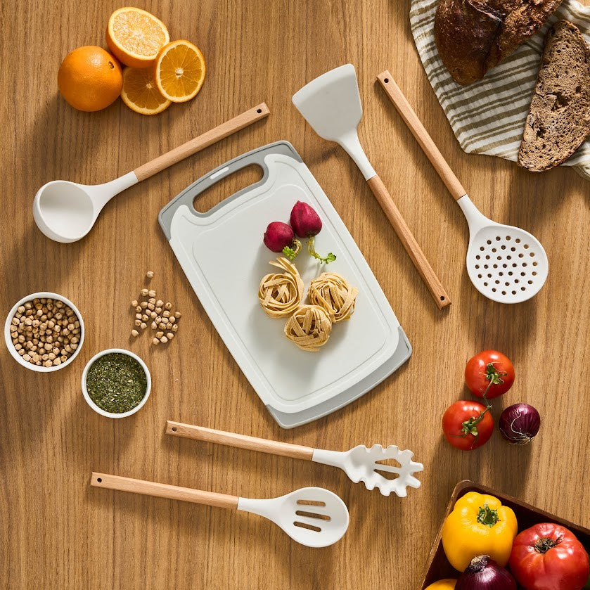 Karaca Massimo 12-Piece Knife Set with Cutting Board and Serving Set, Cream