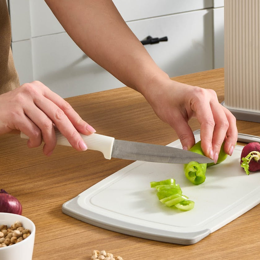 Karaca Massimo 12-Piece Knife Set with Cutting Board and Serving Set, Cream