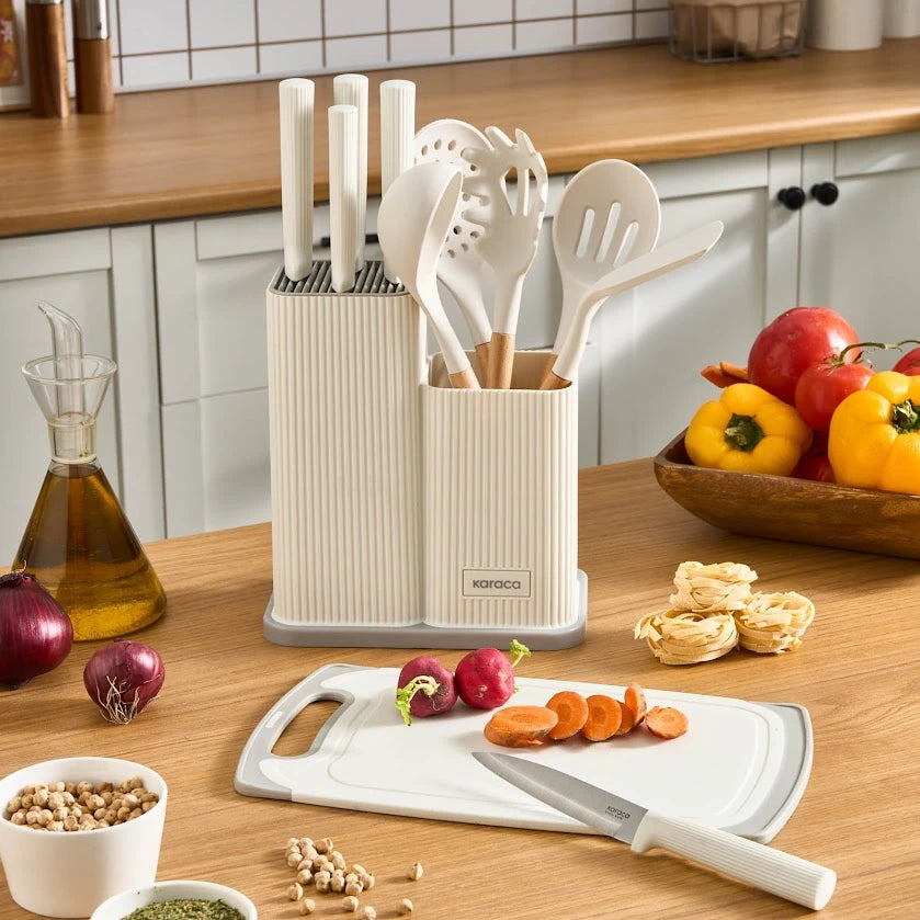 Karaca Massimo 12-Piece Knife Set with Cutting Board and Serving Set, Cream
