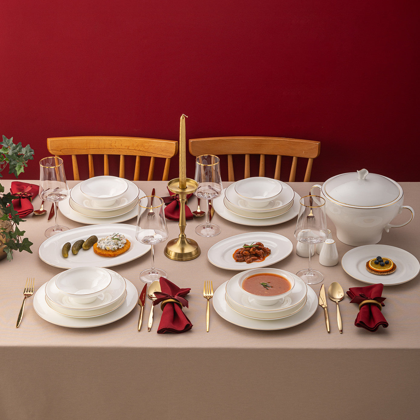 Emsan Alicia Fine Bone 60 Piece Round Dinner Set for 12 People Gold