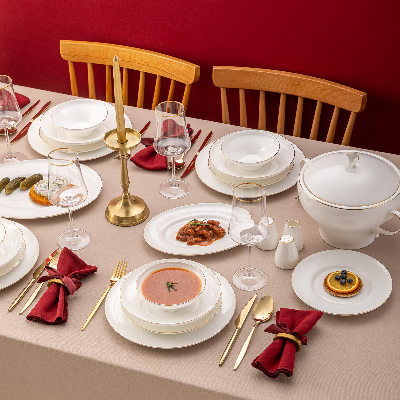 Emsan Alicia Fine Bone 60 Piece Round Dinner Set for 12 People Gold