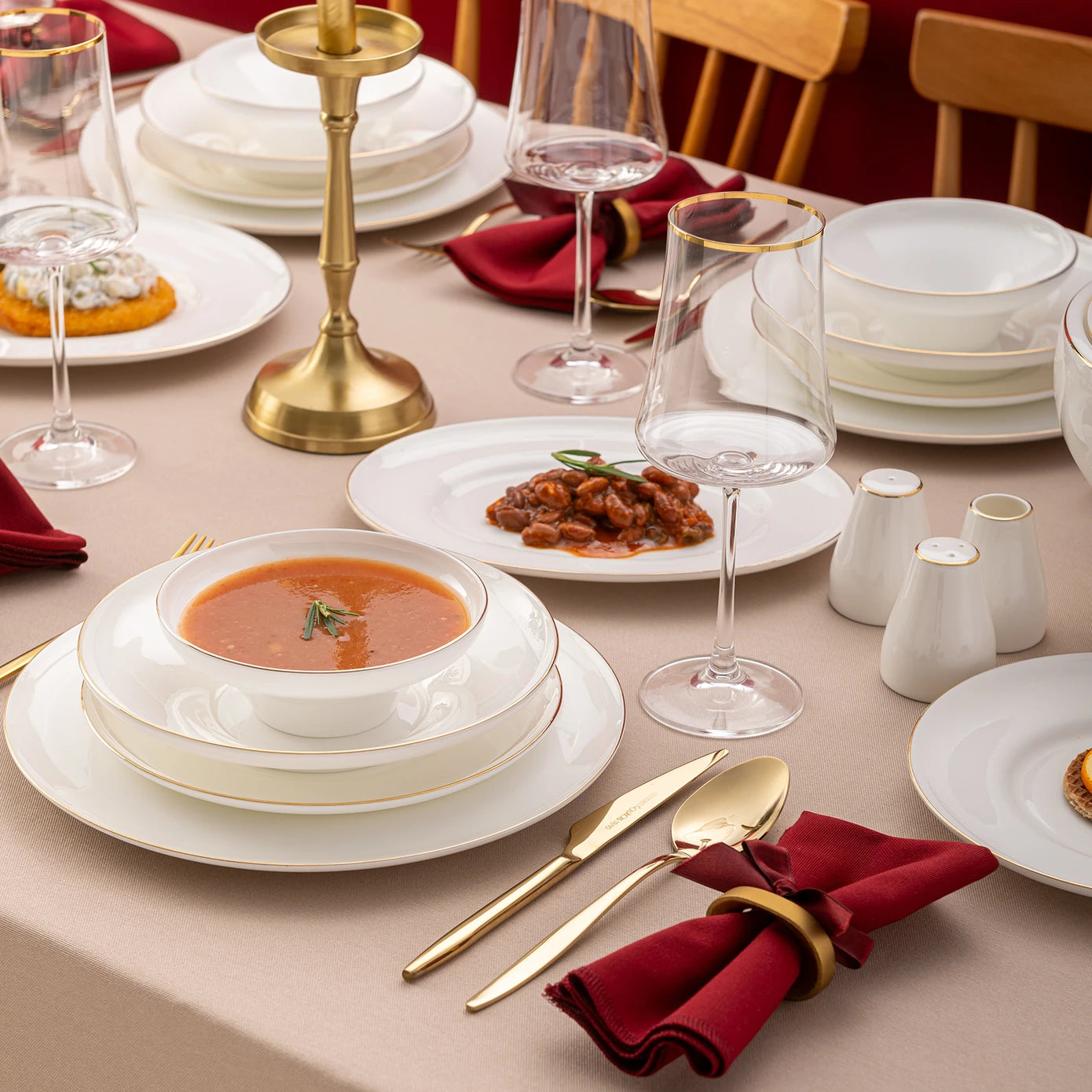 Emsan Alicia Fine Bone 60 Piece Round Dinner Set for 12 People Gold