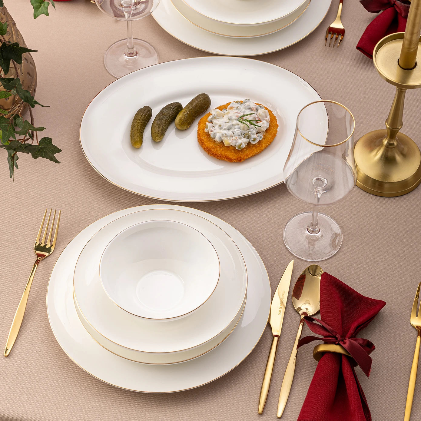 Emsan Alicia Fine Bone 60 Piece Round Dinner Set for 12 People Gold