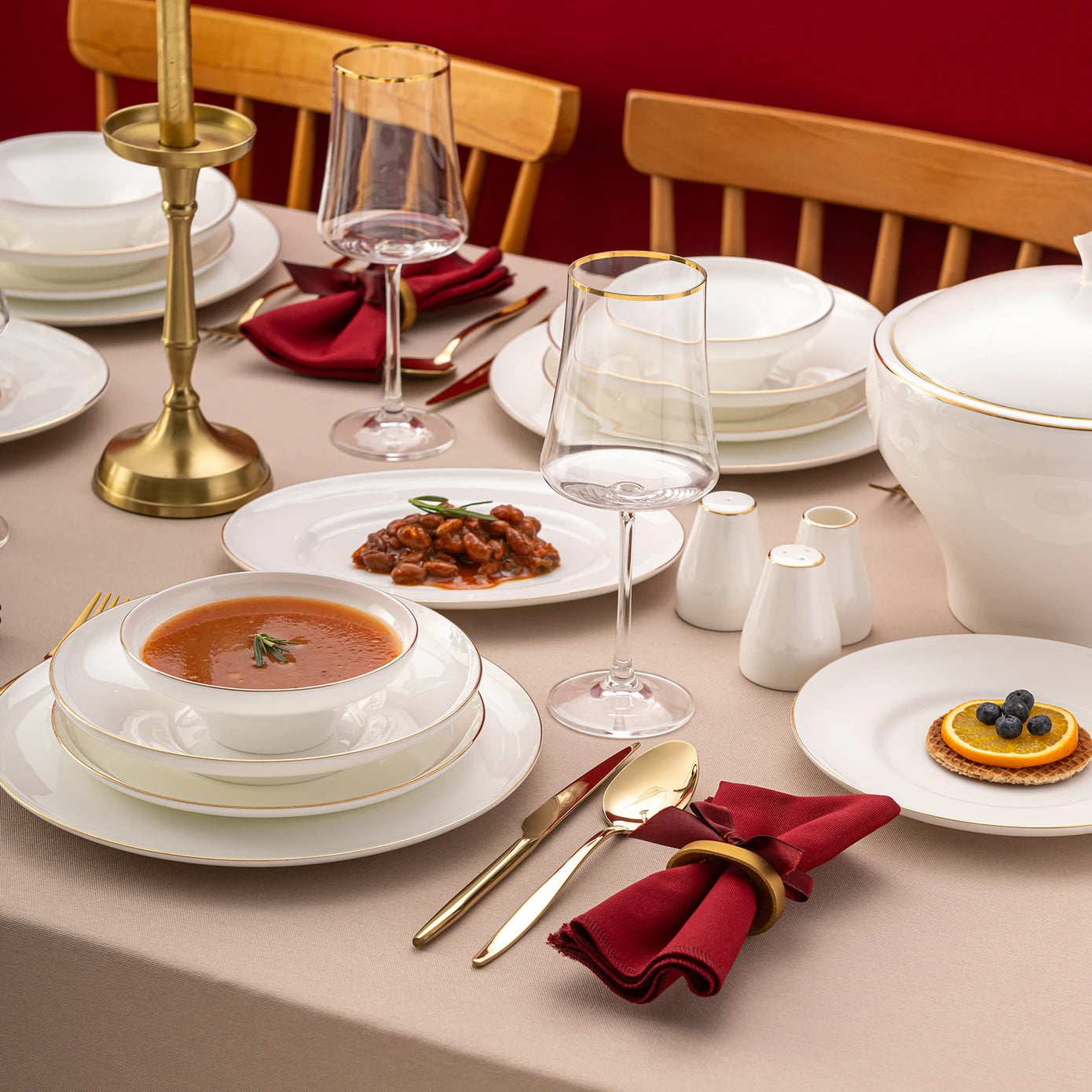 Emsan Alicia Fine Bone 60 Piece Round Dinner Set for 12 People Gold