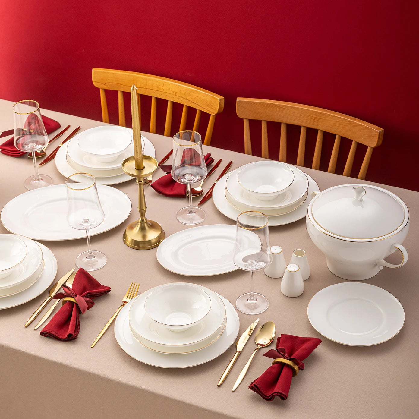Emsan Alicia Fine Bone 60 Piece Round Dinner Set for 12 People Gold